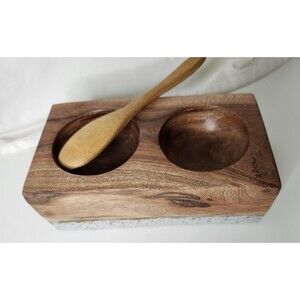 Chef Karma Sonoma Salt & Pepper Wooden Mounted On Stone Pinch Pots Spoon 6x4x2